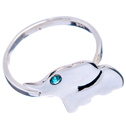 Sterling silver elephant-shaped ring with blue cubic zirconia accent, smooth band
