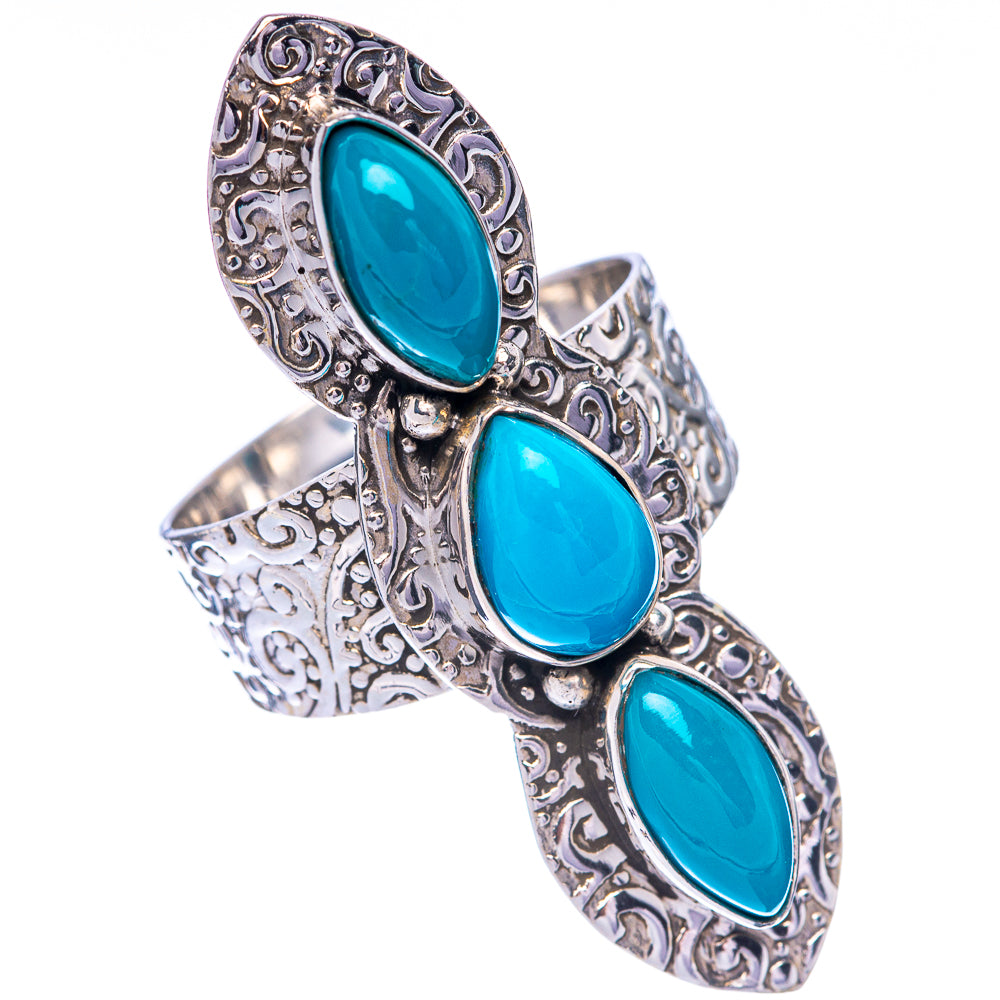 Large turquoise teardrop triple-stone statement ring, ornate 925 sterling silver band