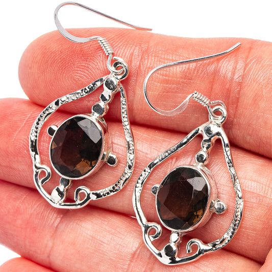 Sterling silver smoky quartz teardrop drop earrings with ornate filigree settings