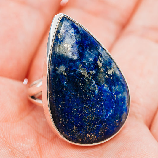 Blue teardrop gemstone cabochon sterling silver ring, size 7 with silver bezel