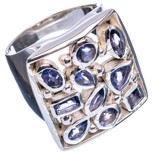 Sterling silver ring with square bezel of purple gemstones, angled side view