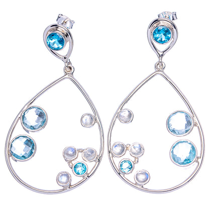 Signature Blue Topaz, Rainbow Moonstone Earrings 2 3/8" (925 Sterling Silver) E1357