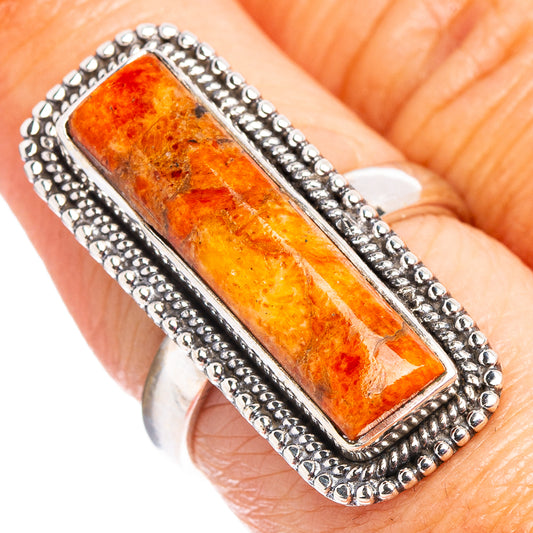 925 sterling silver ring with rectangular orange sponge coral cabochon, size 7.5