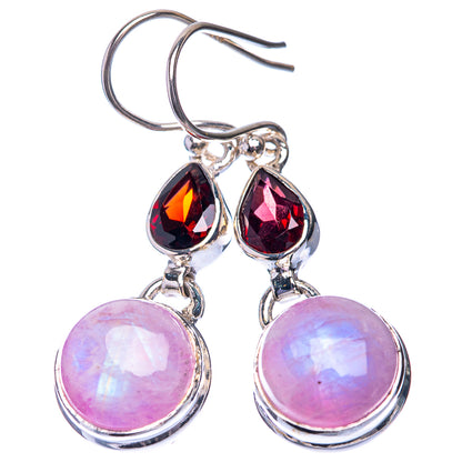Garnet and pink moonstone drop earrings in 925 sterling silver, hook style