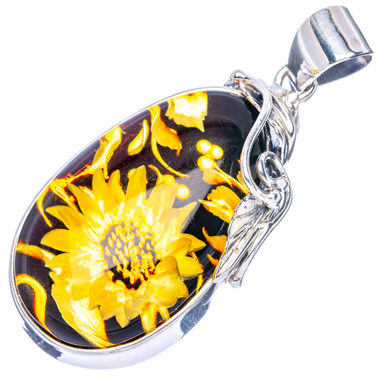 Amber Intaglio Sunflower Pendant 1 3/4" (925 Sterling Silver) P42573