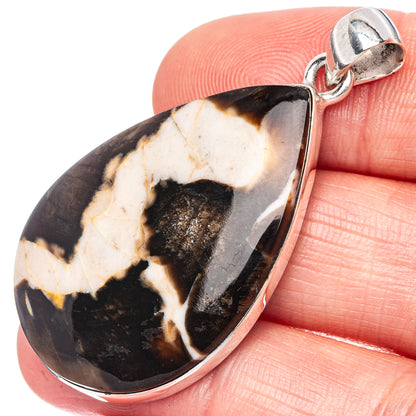 Sterling silver teardrop jasper pendant with black, cream, and brown swirl pattern