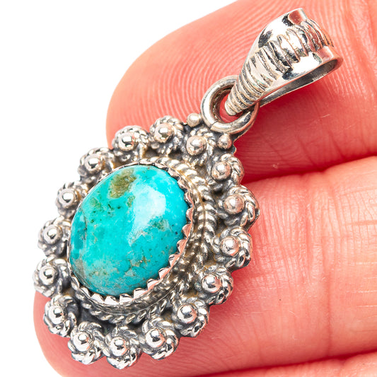 Turquoise oval stone pendant, ornate .925 sterling silver bezel with top loop