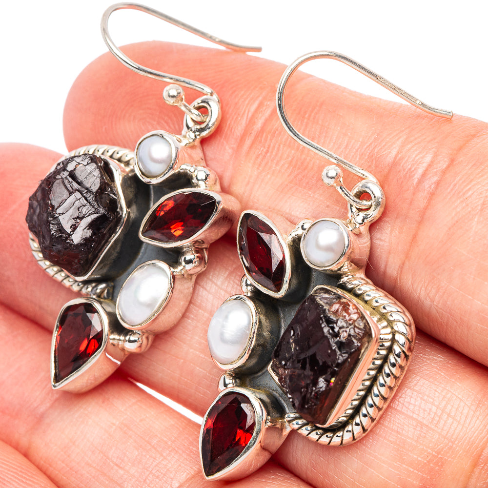 925 sterling silver garnet and cultured pearl drop earrings, red stones and white pearls