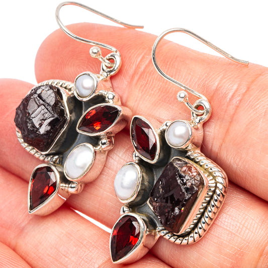 Garnet, Cultured Pearl Earrings 1 5/8" (925 Sterling Silver) E2397