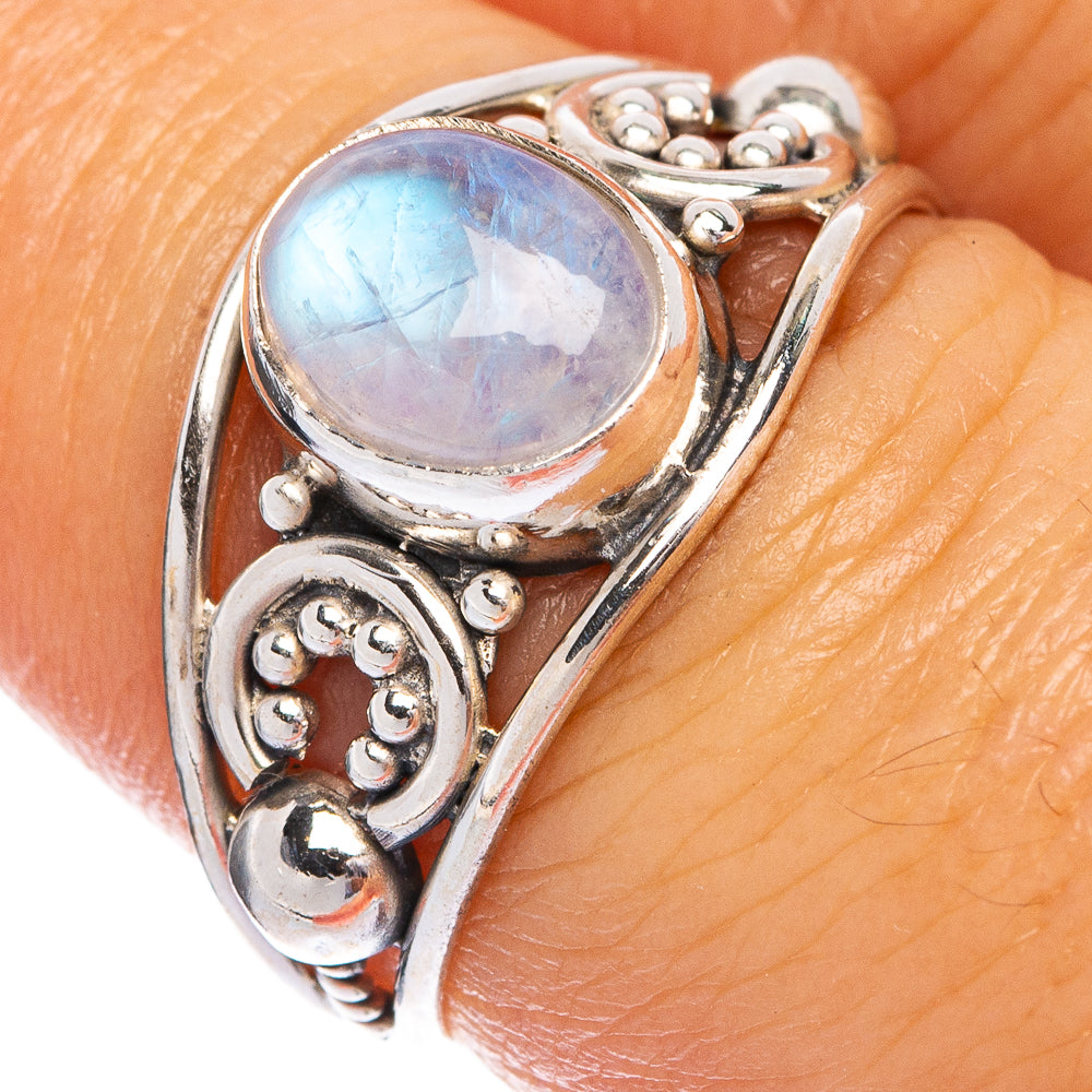 Rainbow moonstone dainty ring, size 7.25, oval light blue stone in silver setting