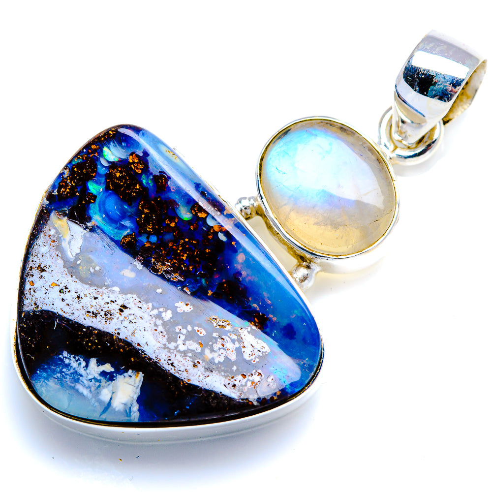 Sterling silver pendant: blue boulder opal teardrop with round rainbow moonstone top