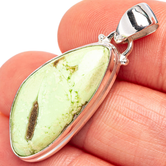 Variscite gemstone pendant in .925 sterling silver bezel, teardrop green stone close-up
