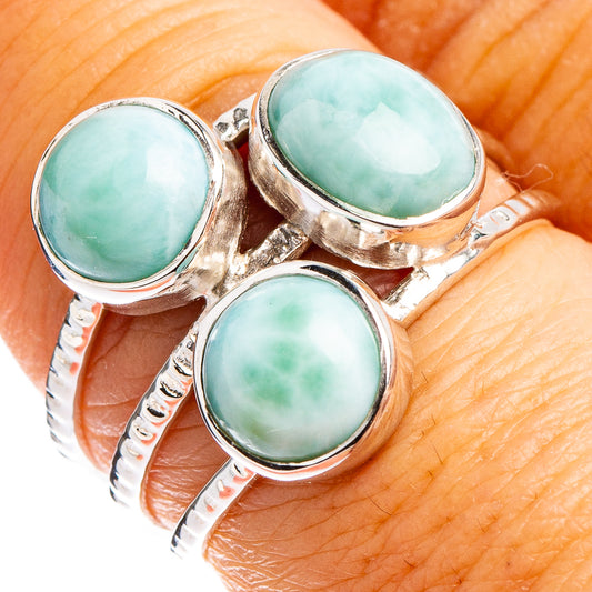 Sterling silver ring with three oval larimar cabochons in light blue-green
