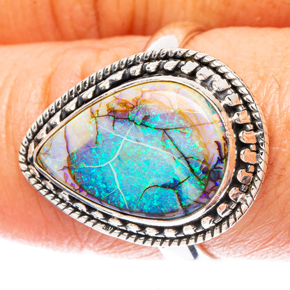 Sterling silver oval opal ring with prong-set multicolor stone, size 8.5