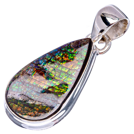 Sterling silver ammolite teardrop pendant with rainbow iridescent mosaic stone