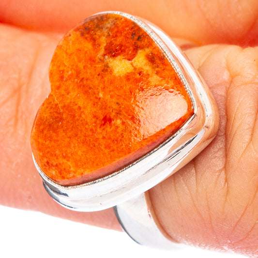 Sterling silver heart ring with orange sponge coral cabochon, bezel set