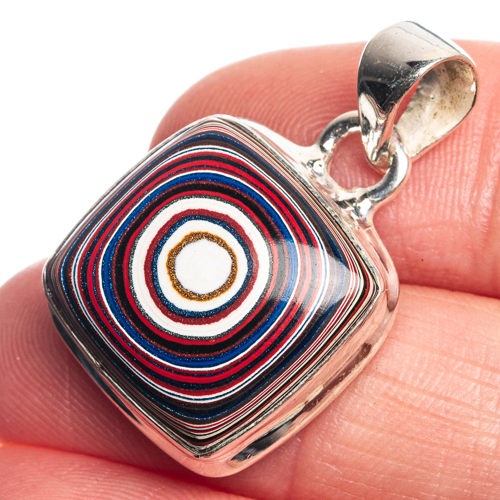 Sterling silver pendant with oval striped stone and open bail, multicolor rings