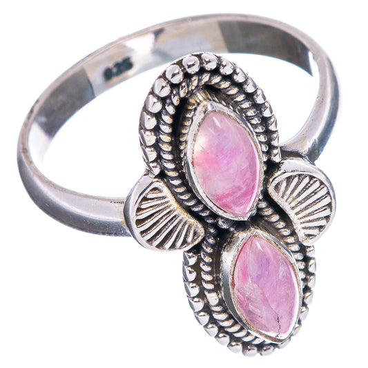 Sterling silver ring, size 8, with two pink oval moonstones and textured leaf bezels