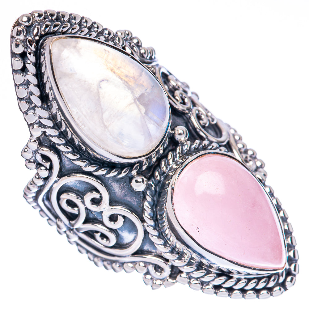 Sterling silver double oval ring with iridescent white moonstone and pink rose quartz