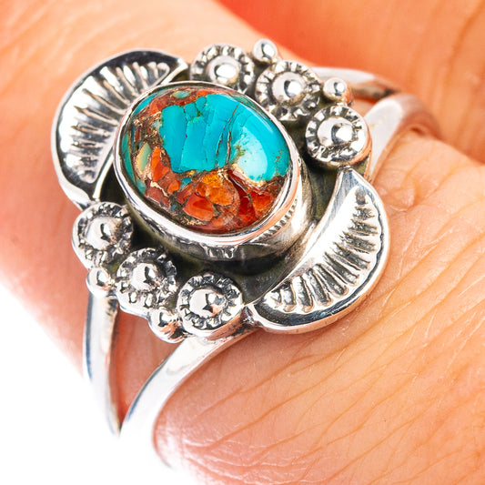 Sterling silver ring with oval turquoise-and-coral inlay and engraved round accents