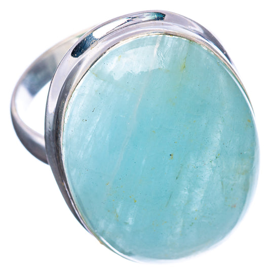 Aquamarine oval cabochon sterling silver ring, size 8.5, angled view