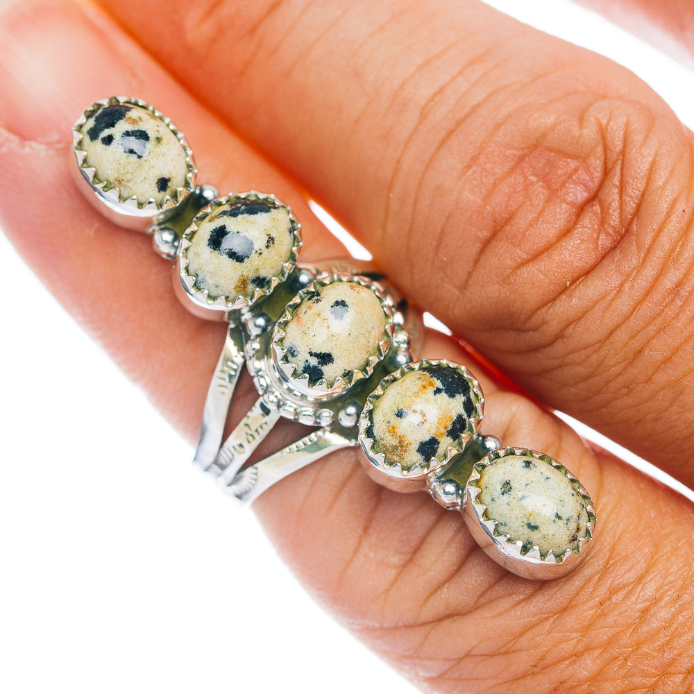 Premium 5-Gemstone Finger Shield Dalmatian Jasper Ring Size 5.75 (.925 Sterling Silver)