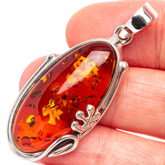 925 sterling silver amber teardrop pendant with leaf-shaped sterling details