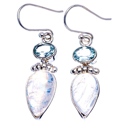 Rainbow Moonstone, Blue Topaz Earrings 1 5/8" (.925 Sterling Silver)
