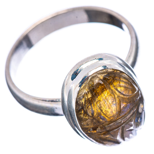 Labradorite oval cabochon ring, .925 sterling silver band, golden-brown with blue sheen