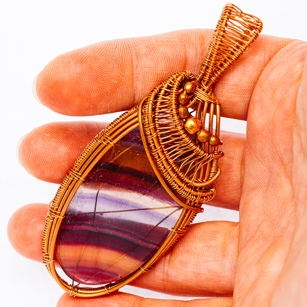 Banded Fluorite Wire Wrap Pendant 3 1/4" (Copper)