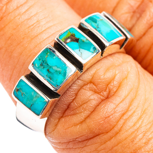 Turquoise inlay sterling silver ring with four rectangular bezel stones