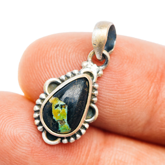 Sterling silver teardrop pendant with black and turquoise mosaic center