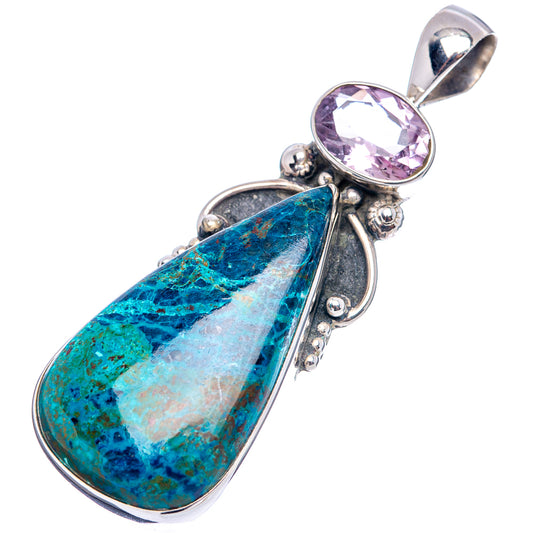 Silver gemstone pendant with blue shattuckite teardrop and purple amethyst bezel setting
