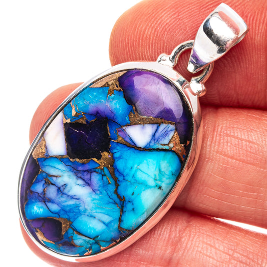 Sterling silver pendant with oval turquoise gemstone and purple druzy inlay, close-up