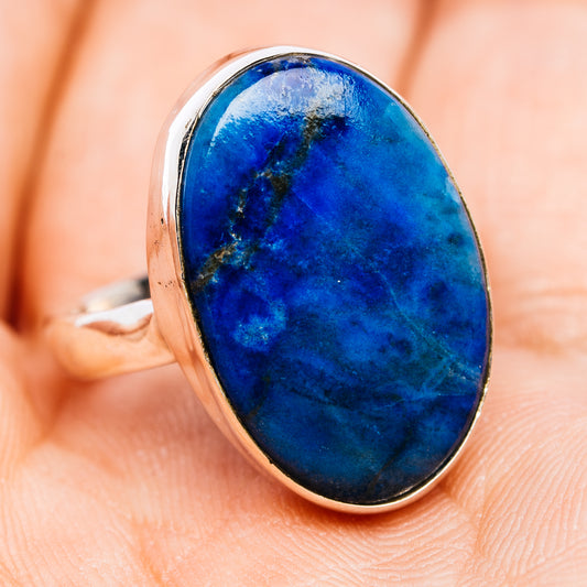 Blue Afghanite oval ring with .925 sterling silver band, side view, size 8