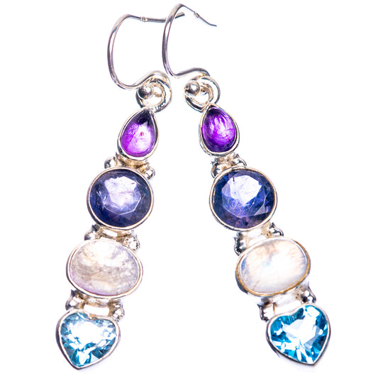 Rainbow Moonstone, Tanzanite, Blue Topaz, Amethyst 925 Sterling Silver Earrings 1 7/8"