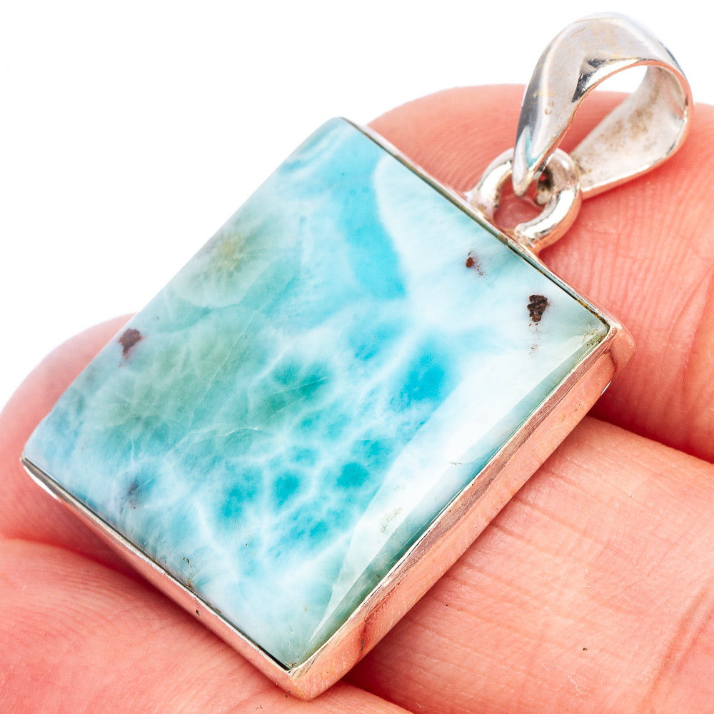 Square larimar pendant in 925 sterling silver, blue stone with silver bail