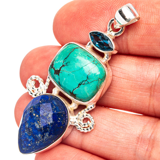 Oval turquoise and lapis lazuli gemstone pendant in .925 sterling silver bezel setting