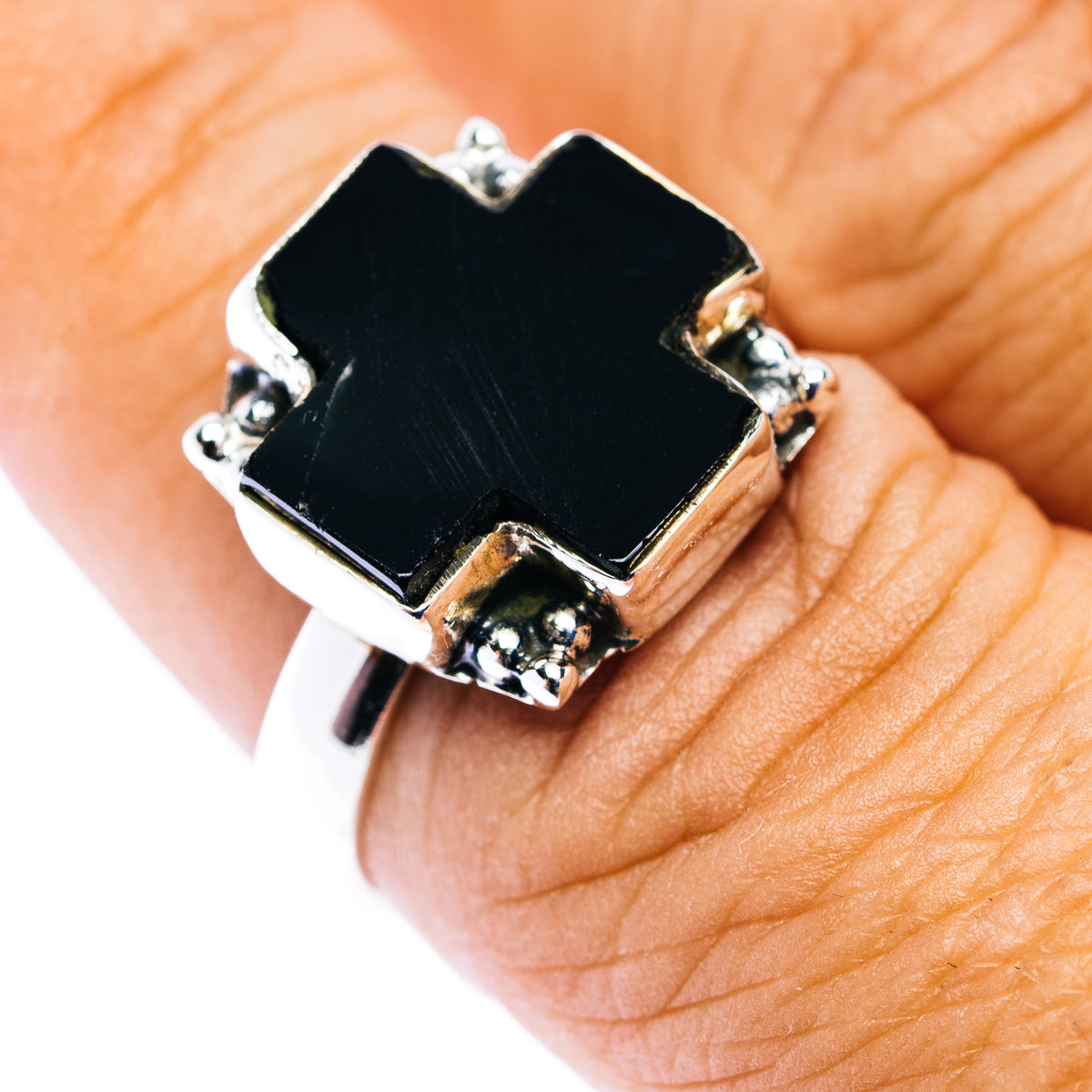Southwestern Style Black Onyx Cross Ring Size 7.75 (.925 Sterling Silver)