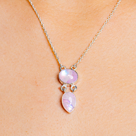Sterling silver moonstone necklace with oval and teardrop pink moonstone pendants