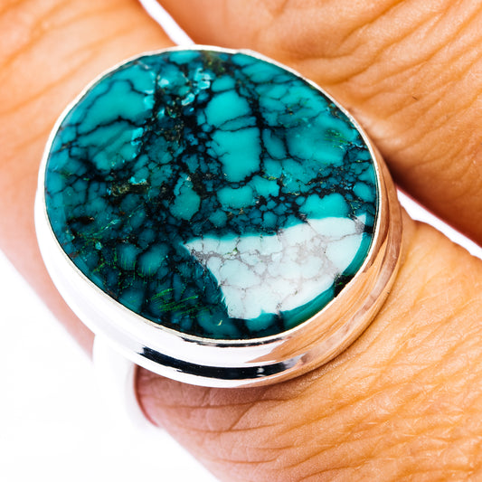 Oval turquoise cabochon sterling silver ring, deep teal with natural veining
