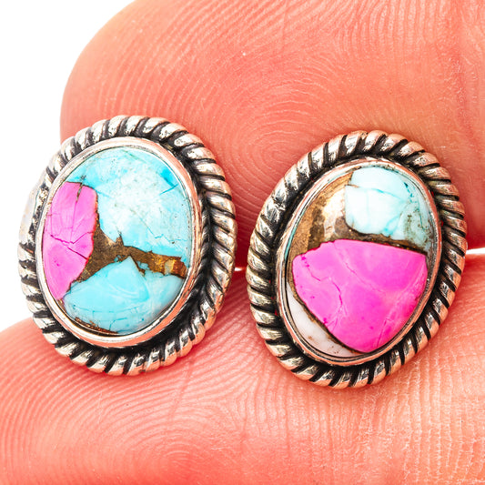 Oval turquoise and pink cabochon stud earrings in .925 silver rope bezel