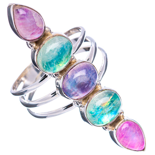 Moonstone ring with three teal and pink teardrop stones on silver band