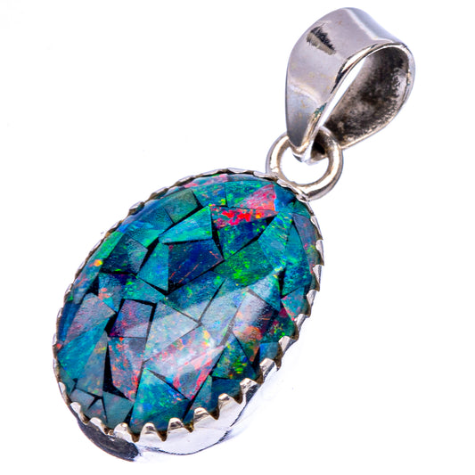 Oval opal triplet pendant in .925 sterling silver with blue-green-red mosaic center