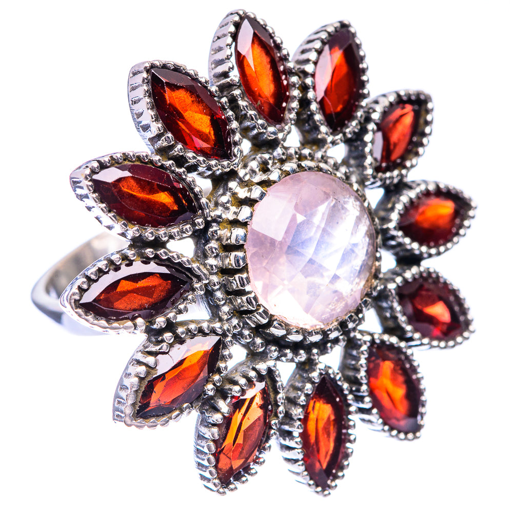 Large Rose Quartz, Garnet Ring Size 9 (925 Sterling Silver) R140826
