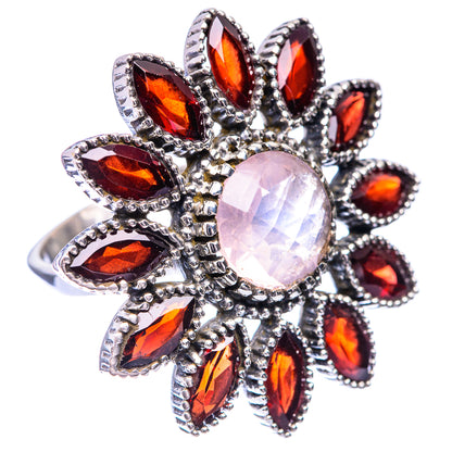Large Rose Quartz, Garnet Ring Size 9 (925 Sterling Silver) R140826