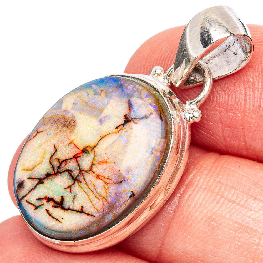 Oval opal pendant in 925 sterling silver with multicolor stone and loop bail