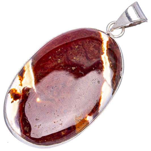 Oval red jasper pendant with silver-plated bezel and bail, polished stone face