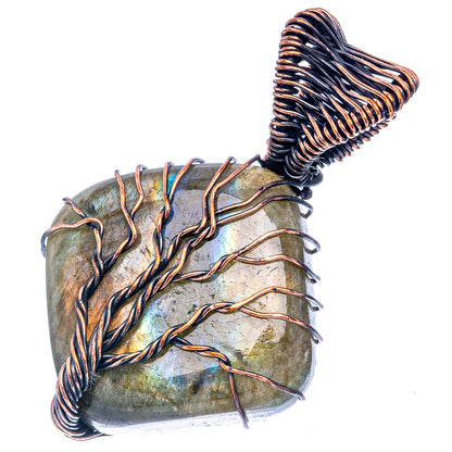 Oxidized copper wire-wrapped labradorite pendant, oval stone with blue shimmer