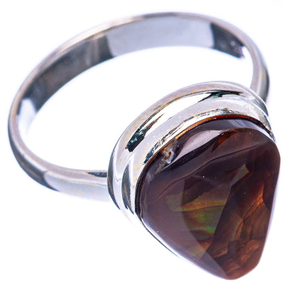 Sterling silver ring with teardrop fire agate, dark brown oval with fiery rainbow sheen